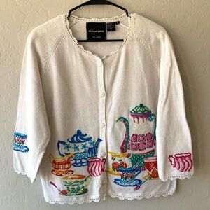 Michael Simon Colorful Teapot Embroidered Cardigan Size M
